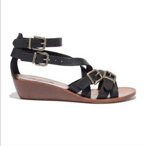 Madewell Whistlestop Strappy Buckle  Leather Platform Wedge Sandals Black 9.5